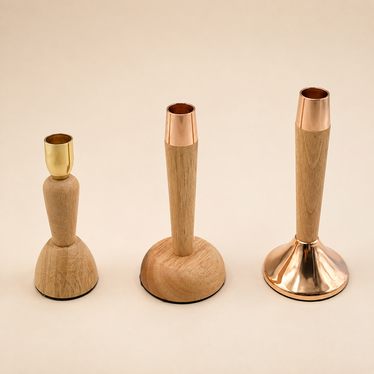 Wood & Rose-Gold Candlestick Set